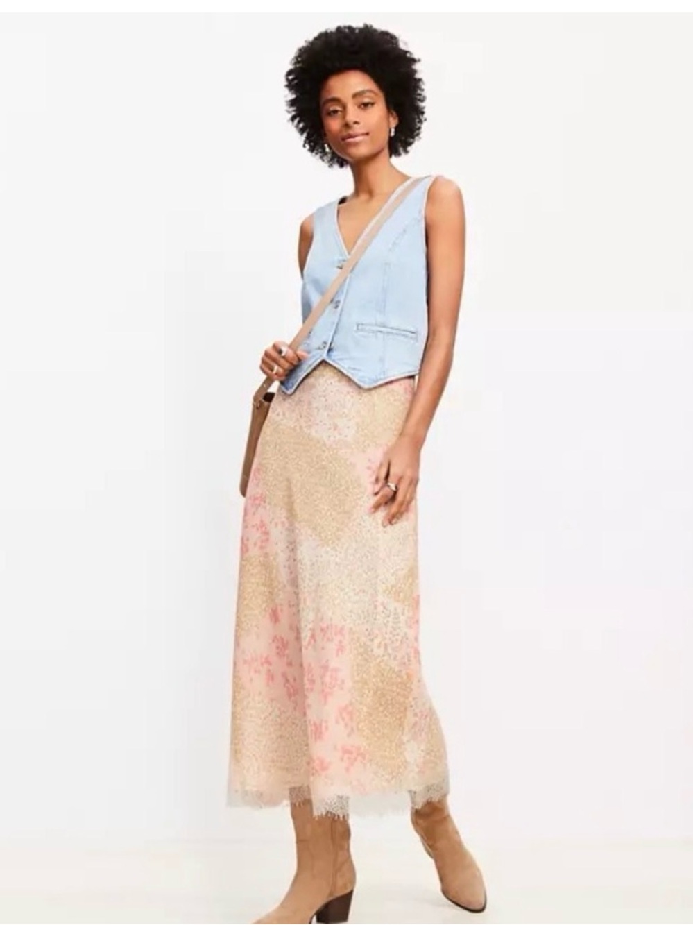 Loft Floral Lace Trim Bias Midi Skirt